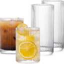 Drinking Glasses with Origami Style Set of 4pcs Glass Cups,2 Highball Glasses & 2 Rocks Glasses,Elegant Ripple Vintage Glassware,Iced Coffee Glasses,Ideal for Cocktail, Whiskey, Beer, Juice, Water