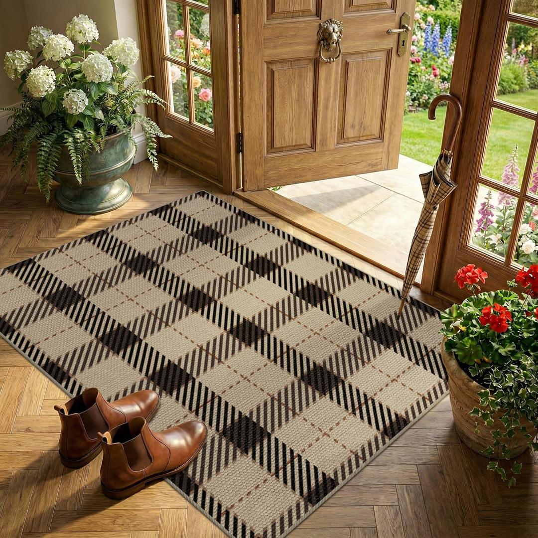 3x4 Entryway Door Mat Indoor  Washable Non Slip Small Rug for Front Door, Kitchen Sink, Mudroom, Garage Entry, Low Profile Easy Clean Farmhouse Plaid Floor Mat