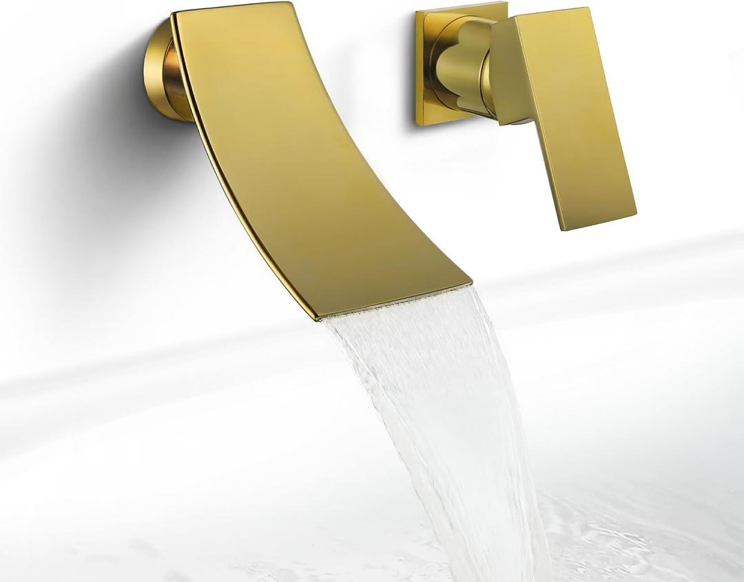 SKOWLL Ti Gold Waterfall Wall Mounted Bathroom Faucet, Single Handle Bathroom Sink Faucet with High Filler Tub Spout, Modern Brass Valve Included