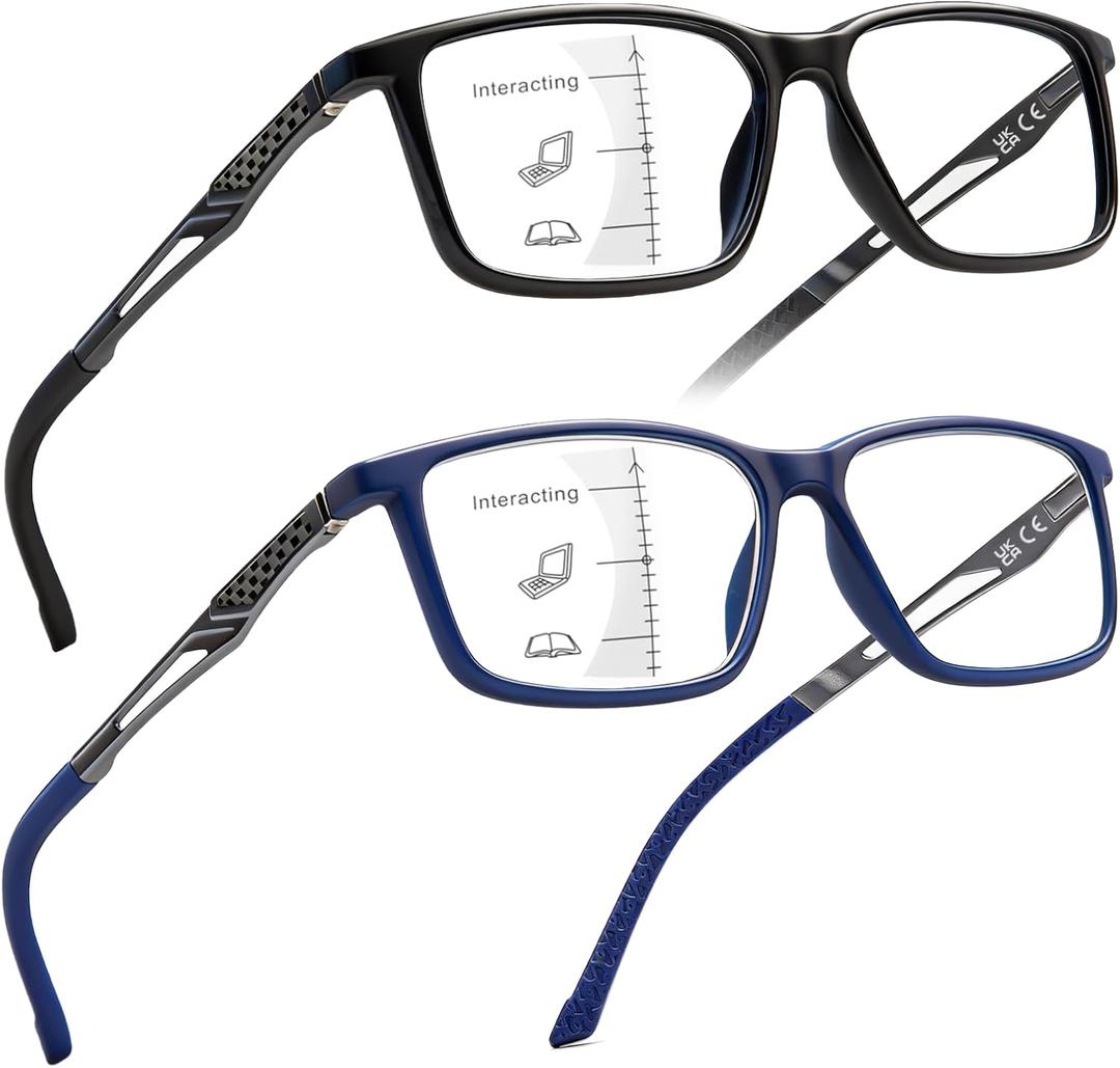 JO 2Pack Progressive Multifocus Reading Glasses Men Women Metal Al-Mg Computer Readers Office No Line TR90 Lightweight Frame (Black+blue)