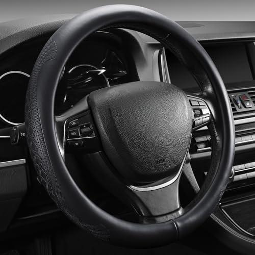 PJBTYZ 【2025 Model】 High-Grade Real Cowhide Steering Wheel Cover，Black Genuine Leather Steering Wheel Cover for Cars, Universal 15 inch Steering Wheels, Grid & Square Motif