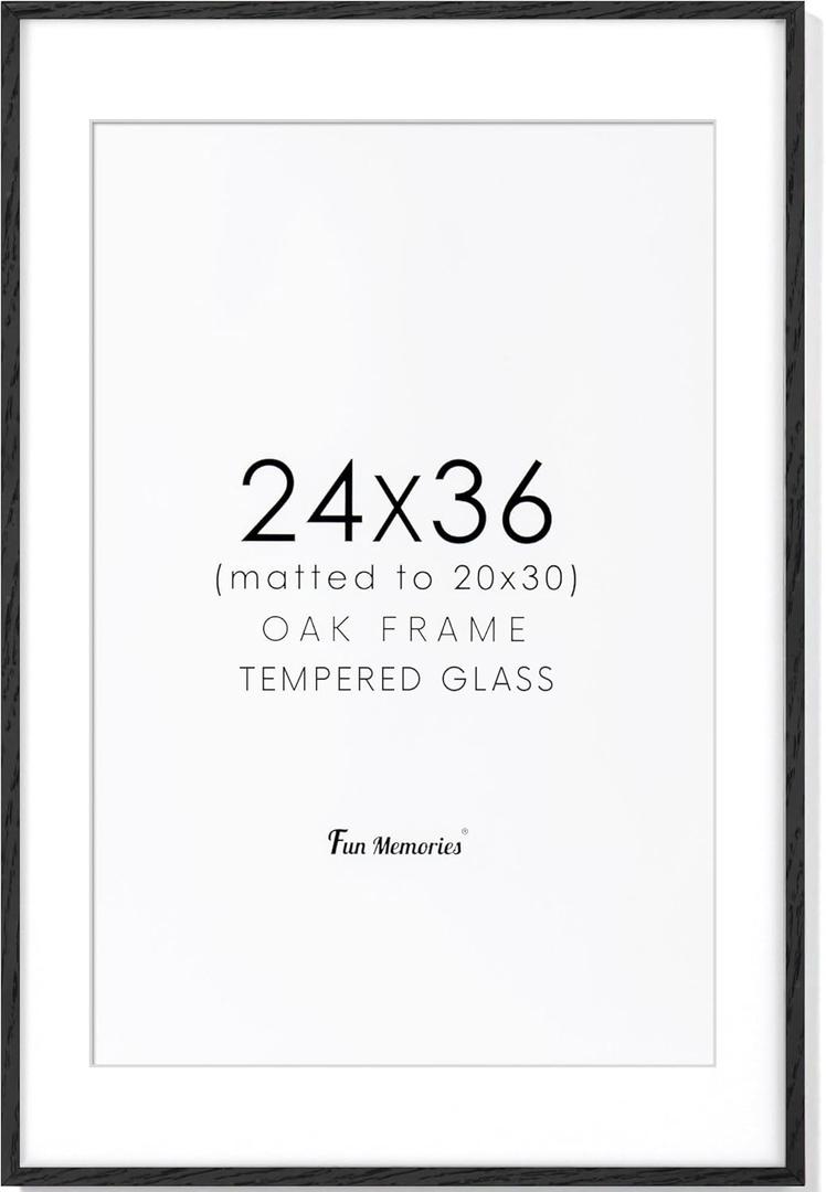 24x36 Black Picture Frame, Black Poster Frame 24x36, Solid Oak Wood Frame 24 x 36 Frame, 24"x36" Picture Frame with Tempered Glass, 24x36 Frame Matted to 20x30, 24x36 Art Frame for Home Decor (24x36 - 1P)