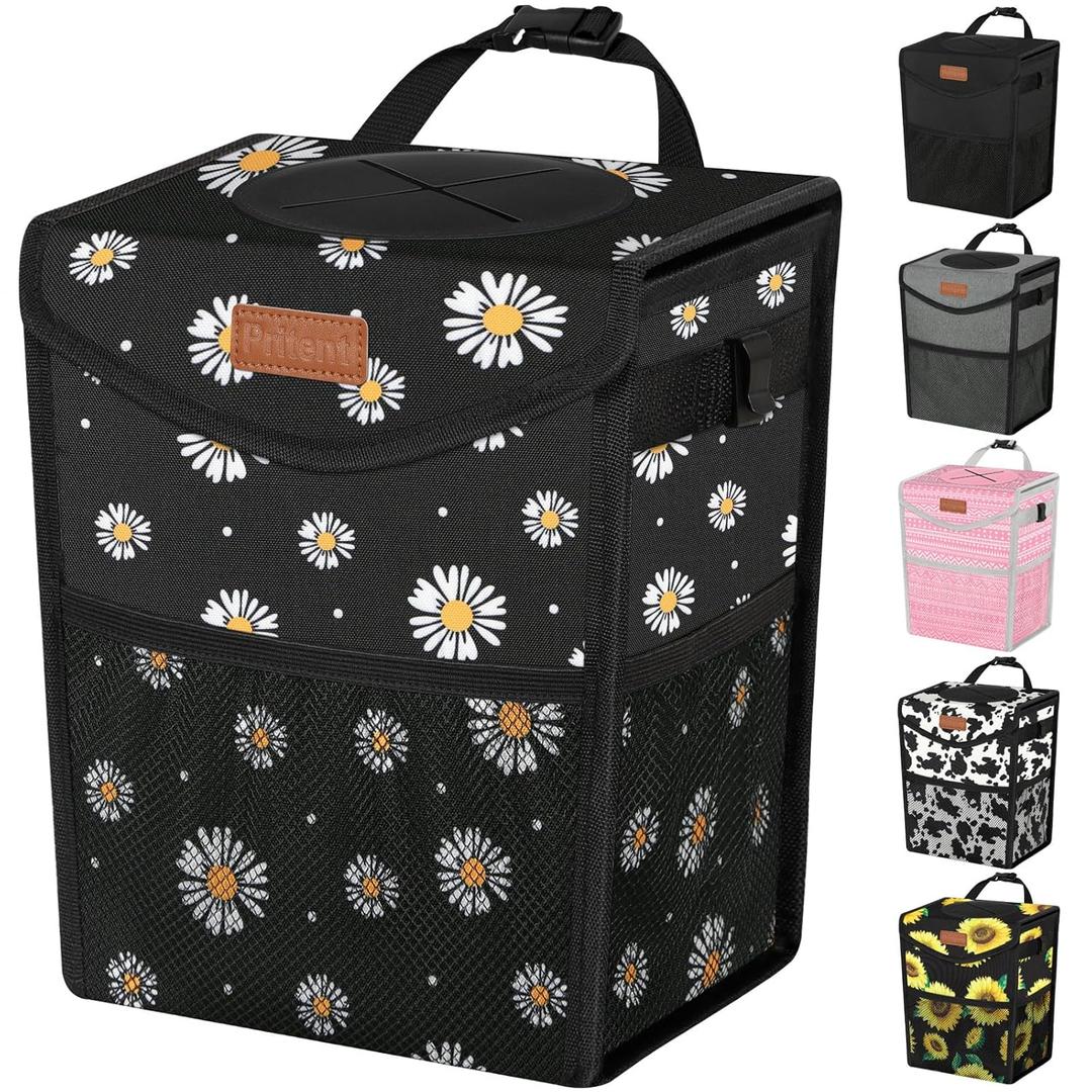 Car Trash Can with Lid, Cute Leakproof Car Trash Garbage Bag Hanging Vehicle Trash Bin Small Portable Automotive Garbage Cans Organizer for Back/Front Seat/Console(Trapezoid,Black Flower) (2 Gallons)