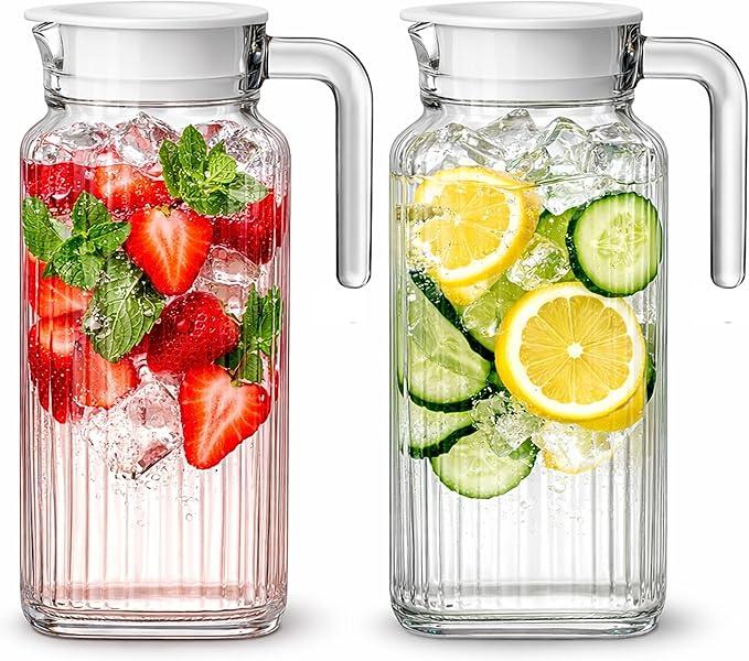 Glass Pitcher with Lid – 2 Pack 55 oz Glass Water Pitcher, Iced Tea Pitcher with Handle, Ribbed Juice Container for Fridge, Glass Beverage Container for Lemonade, Milk, Drinks