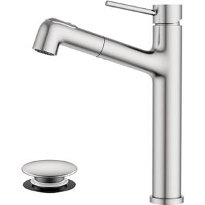 Vessel Sink Faucet with Pull Out Sprayer, Hurran Tall Bathroom Faucets with Pop Up Drain, Stainless Steel Single Handle Faucets with 2 Spout Patterns, Brushed Nickel