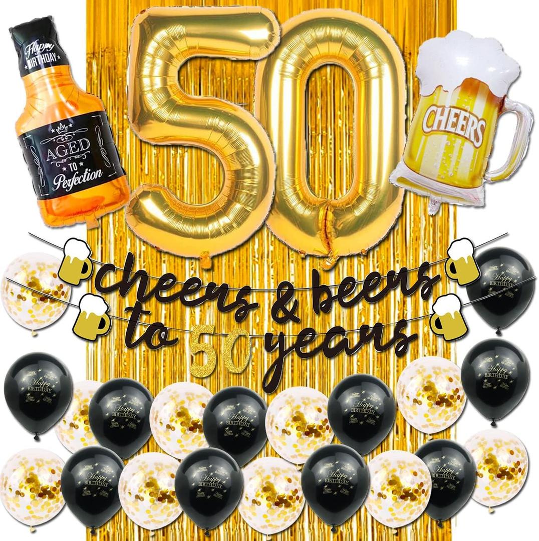 50th Birthday Decorations Men, Happy 50th Birthday Decorations with 40 Inch Gold 60 Number Balloons, Birthday Banner, Latex Balloon, Fringe Curtains and Foil Balloons