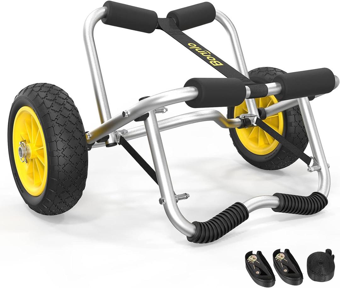 Bonnlo Kayak Cart Canoe Dolly Fishing Kayak Accessories Carrier Foldable Paddle Board Trolley Boat Trailer Transport with NO-Flat Airless Tires Wheels and 2 Ratchet Straps