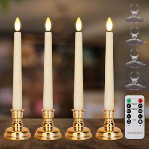 Flameless Taper Candles Flickering with Remote Timer, 4PCS Battery Operated Window Candles with Gold Candlesticks and Suction Cups, 8 Inch Warm White 3D Flame Candle for Home Xmas Decor(Ivory)