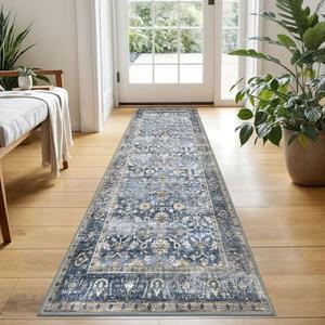KUTA Runners for Hallways 2x5 ft, Vintage Floral Rug Non-Slip Washable Kitchen Rug Blue Grey Beige Ultra Thin Soft Printed Distressed Flower Carpet Entryway Rugs for Bedroom Laundry Nursery