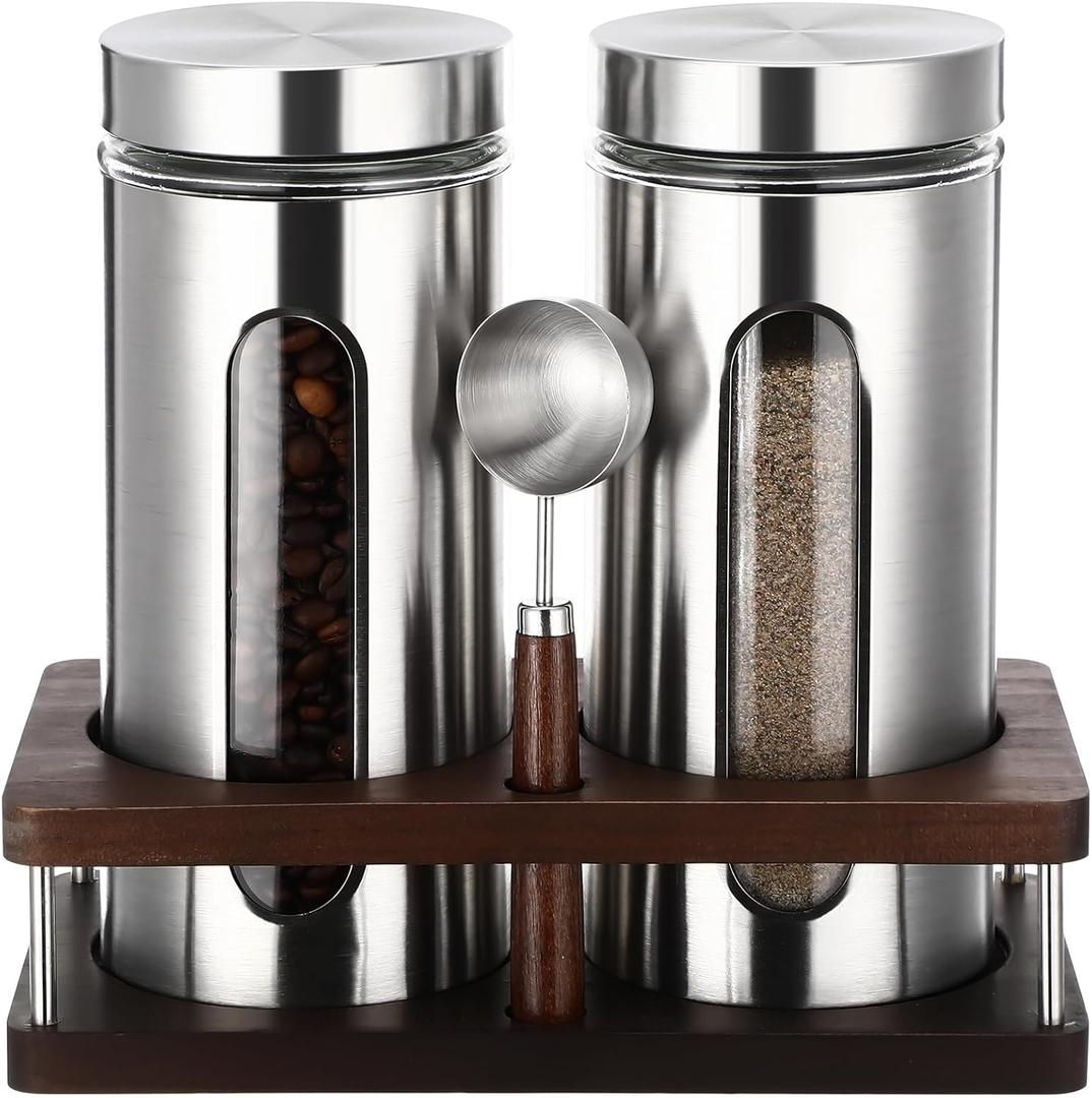 Suclain Stainless Steel Coffee Grounds Canisters with Shelf 2 x 50oz Sugar Coffee Bean Storage Container with Airtight Threaded Lid Glass Window Scoop Kitchen Jar Set for Bar Creamer Nut Tea