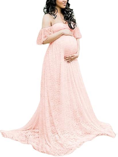 ZIUMUDY Photography Maternity Dress Off Shoulder Lace Baby Shower Pregnant Wedding Dress, Light Salmon, Size XL