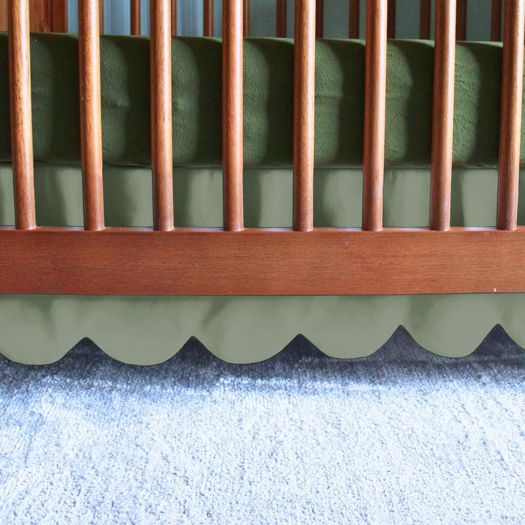 100% Microfiber Scalloped Crib Skirt 28"x 52" with 16" Inch Drop Lenght with 4 Split Corners for Baby Boys Girls Soft Nursery Toddler Bed Skirt - Sage Solid