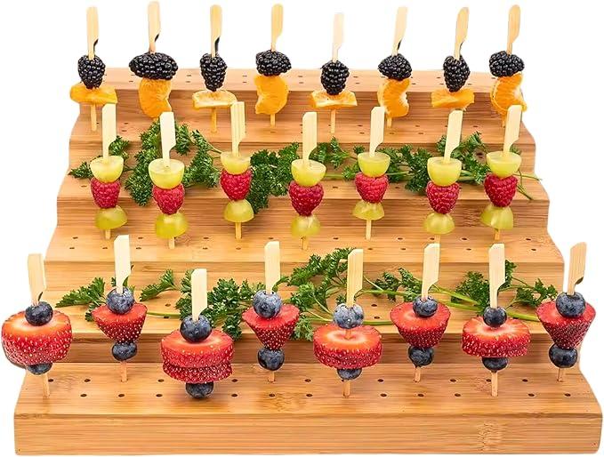 Skewer Holder Bamboo Party Food Display With 75 Holes - Ideal Food Display Stands For Party, Buffet, Cocktail and Catering Events - Five Tier Appetizer Skewers Food Stand, Brown