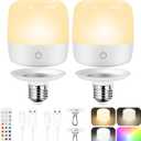 4000mAh Large Rechargeable Battery Operated Light Bulb 2 Packs, Dimmable LED Bulb with Remote Control & 2 Detachable Base, Battery Powerd Light Bulb for Non-Hardwired Lamps with 15 Colors & 3 Timer