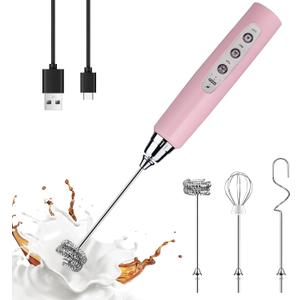 YUSWKO Pink Milk Frother Handheld with 3 Heads, Coffee Whisk Drink Foam Mixer with USB Rechargeable 3 Speeds, Electric Hand Frother for Latte, Cappuccino, Hot Chocolate, Egg