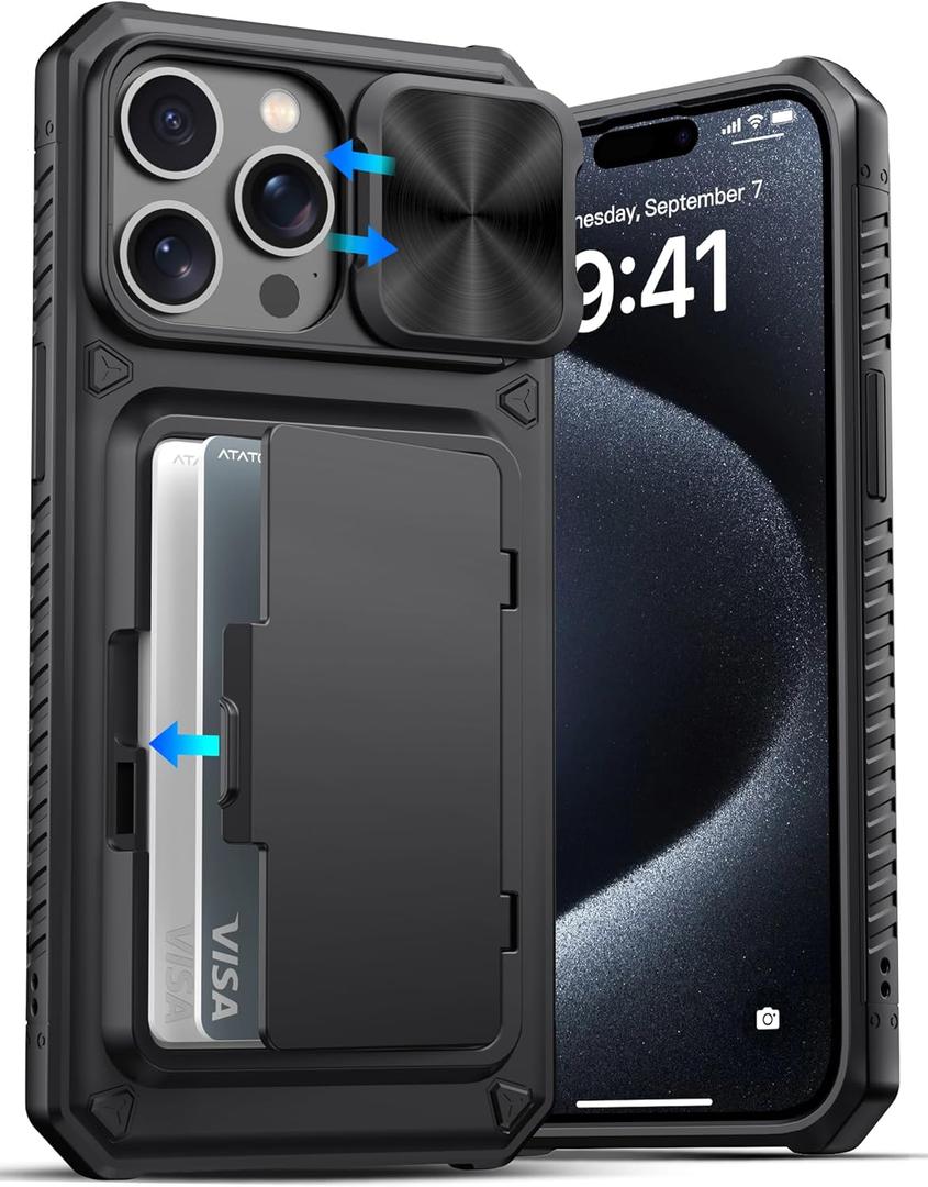 ATATOO for iPhone 15 Pro Max Case Wallet, Built-in Card Holder (3-5 Cards) & Slide Camera Cover, Military Grade Protection, Rugged Silicone Phone Case for iPhone 15 Pro Max 6.7" 2023, Black
