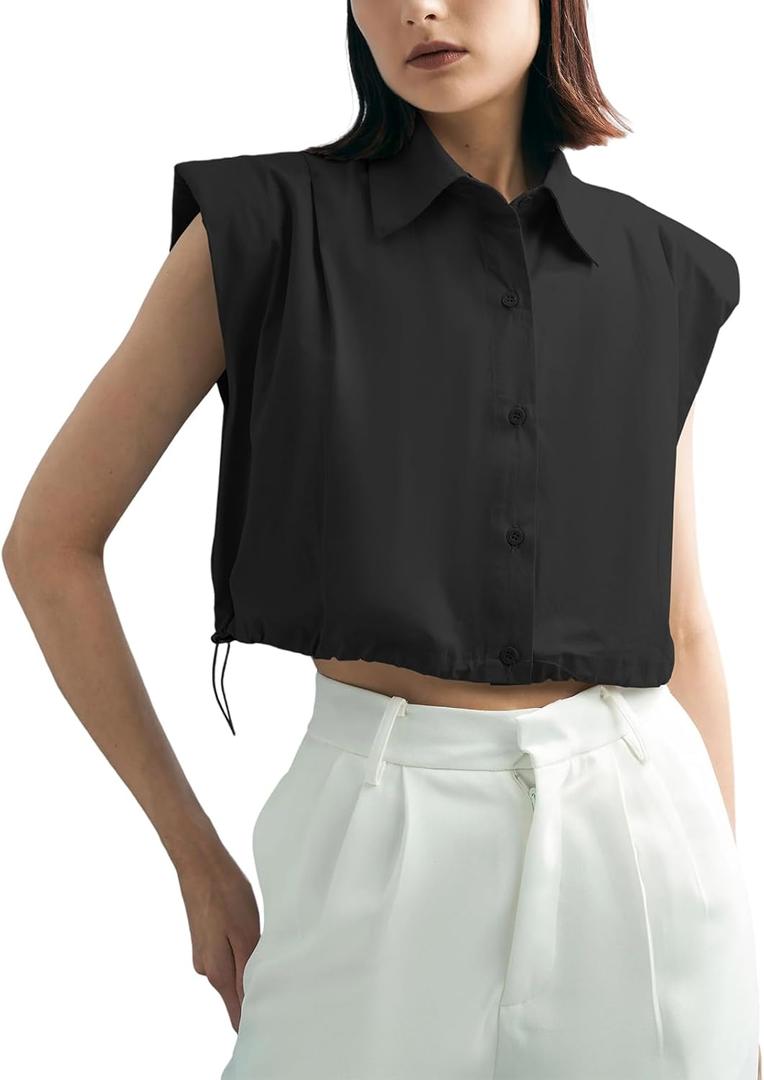 Tankaneo Womens Sleeveless Button Down Shirts Casual Loose V Neck Pad Shoulder Crop Tank Top (Small, Black)