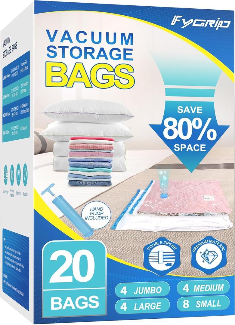 20 Pack Vacuum Storage Bags with Hand Pump, 4 Jumbo + 4 Large + 4 Medium + 8 Small Plastic Packaging Bags, 80% Space Saver Vacuum Seal Bags for Clothing, Travel Lugggage, Blankets, Comforters