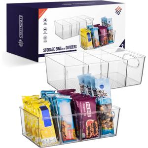 ClearSpace Plastic Pantry Organization and Storage Bins with Removable Dividers  Perfect Kitchen Organization or Kitchen Storage  Refrigerator Organizer Bins, Cabinet Organizers (2 Pack) (10.5"L x 6"W x 3.5"H)