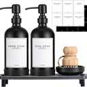 Kitchen Soap Dispenser Set with Instant Dry Tray,16 Oz Hand and Dish Soap Black Glass Dispenser Set,Stainless Steel Pump,Waterproof Labels&Dish Brush,Luxury Soap Bottle for Kitchen,Bathroom,  Black Bottle+black Pump
