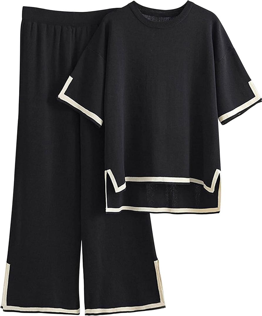 Tanming Sweater Sets Women 2 Piece Lounge Sets Short Sleeve Knit Pullover Tops Wide Leg Pants (Large, Black)