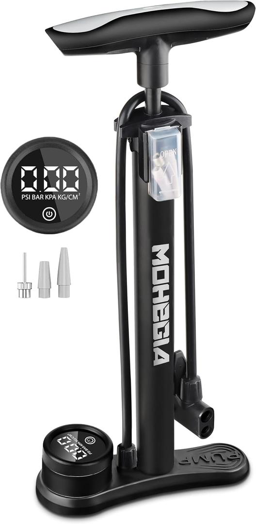 MOHEGIA Bike Floor Pump with Gauge: Air Bicycle Pump with High Pressure 160 PSI,Fits Schrader and Presta Valve -Inflator with Ball Pump Needles for MTB Road Bike, Ball, Balloon, Inflatables (Digital Gauge/black)
