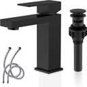 KENES Matte Black Single Handle Bathroom Sink Faucet, Stainless Steel Vanity Faucet for Bathroom Sink, with Pop Up Drain Stopper & Water Supply Hoses LJ-9031-2 (Short)