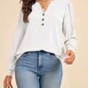 Cicy Bell Womens Puff Long Sleeve Henley Shirts Trendy Casual V Neck Button Up Tunic Tops Loose Fit Basic Tees (White, L)