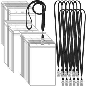 Thenshop 50 Pack Extra Large 4 x 8 Inch Plastic Badge Holder with Lanyard Bulk PVC Ticket Event Credential Protector Sleeves Clear Waterproof ID Card Holder for Sporting Events Concerts Office(Black)