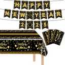 4Pcs Happy New Year Decorations,Includes Gold Glitter Banner + Happy New Year Tablecloth,New Years Eve Party Supplies, Black
