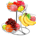 Livabber Fruit Basket Bowl with Banana Hanger, Fruit Vegetable Storage Basket with Banana Tree Holder for Kitchen Counter, Detachable Organizer for Bread Snack Produce (Silver, 3-Tier Metal Base)