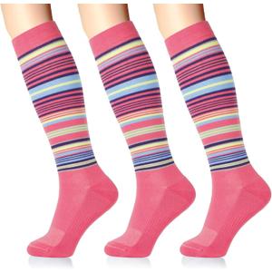 LIN PERFORMANCE Compression Socks for Women and Men 3 Pairs 8-15 mmHg Cotton Knee High Support Socks for Travel Sport (9-11, Blue Rose)