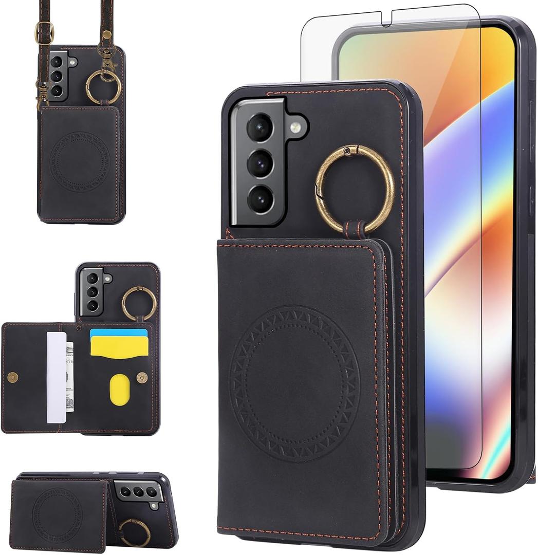 Compatible with Samsung Galaxy S22 5G Wallet Case and Screen Protector Crossbody Shoulder Strap Ring Buckle Stand Card Holder Magnetic Car Mount Phone Cover for S 22 22S 4G G5 6.1 inch Women Men Black