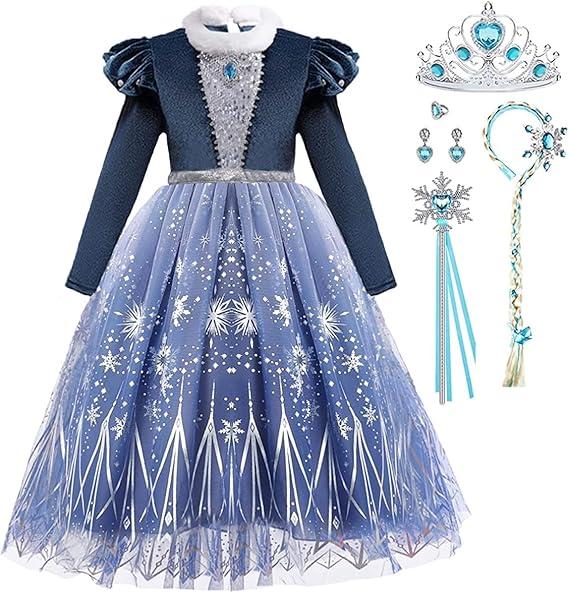 Girls Princess Elsa Dress up Costume Snow Queen Halloween Christmas Cosplay Party Toddler Dress Blue, Size: 3-4