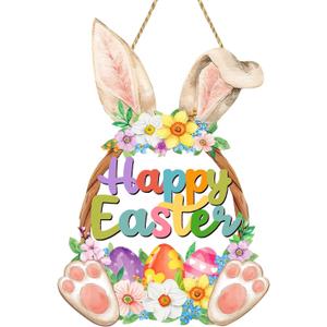 2 x Easter Decoration Bunny Door Sign Wooden Easter Wreath for Front Door Happy Easter Spring Decoration Cute Rabbit Design Flower Egg Welcome Hanging for Home Wall Decor Party Outdoor indoor Supply