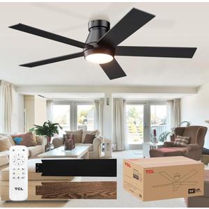 TCL 52" Ceiling Fan with Lights, Black Flush Mount Ceiling Fans with Remote Control, 6 Speeds DC Reversible, Dimmable, Noiseless, Low Profile Ceiling Fans for Bedroom