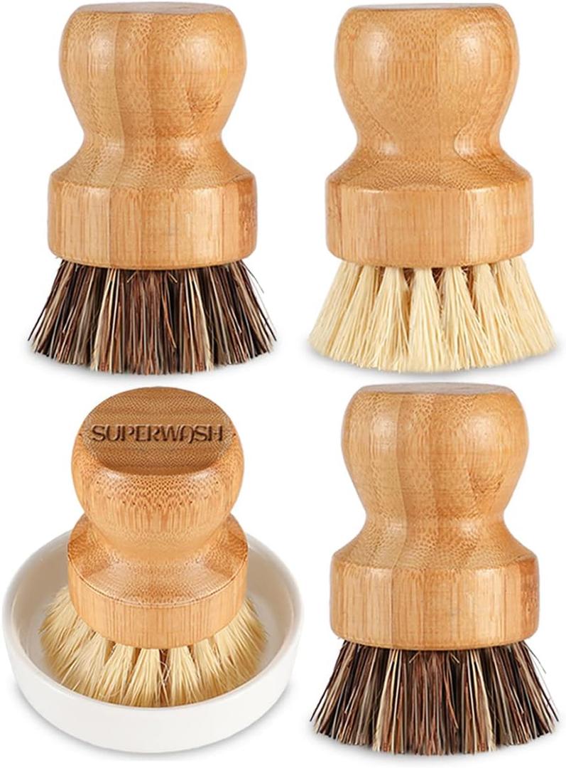 Bamboo Scrub Brush Clean Pan, Dish and Vegetable, Natural Bristles Palm Pot Brush 4 Pack Round Mini Dish Brush with Ceramic Holder for Kitchen Sink Cleaning