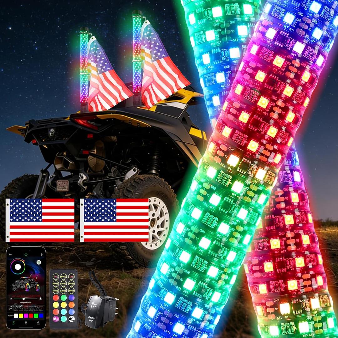 2PCS 4FT Fat UTV Whip Lights with Rocker Switch, High Brightness Antenna Whips Side by Side with Steering/Brake and Reverse Fit for Offroad UTV ATV RZR Truck
