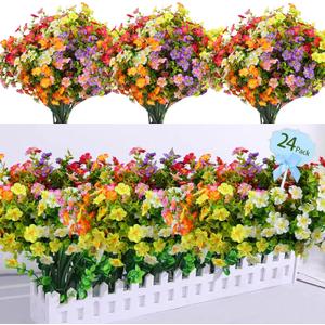 Tinsow Plastic Flowers Outdoor Flowers Silk Flowers Greenery Fake Faux Florals for Wedding Home Decor Window Box Garden Patio Hanging Planter (24, Multiple)