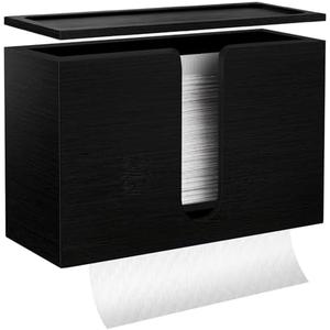 Bamboo Paper Towel Dispenser, Black Paper Towel Holder with Lids Wall Mount or Countertop for Multifold, C Fold, Z fold, Trifold Hand Towels Napkin Holder for Bathroom Toilet and Kitchen