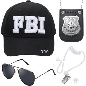 Police Hat, FBI Adjustable Baseball Cap with Cop Badge, Halloween Secret Service Costume Earpiece for Adult Men Women