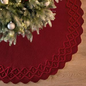 TOCHGREEN Red Knitted Christmas Tree Skirt 36 Inch Luxury Cable Knitted Thick Rustic Vintage Xmas Tree Mat Boho Under Tree Skirt Farmhouse Holiday Christmas Decor New Year Home Party Decor