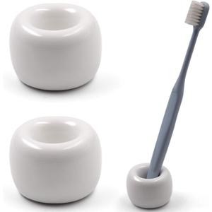 Airmoon Mini Ceramics Handmade Couple Toothbrush Holder Stand for Bathroom Vanity Countertops, Pack of 2 (White)