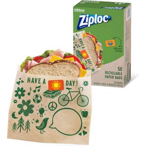 Ziploc Paper Sandwich and Snack Bags, Recyclable & Sealable with Fun Designs, 50 Bags Total
