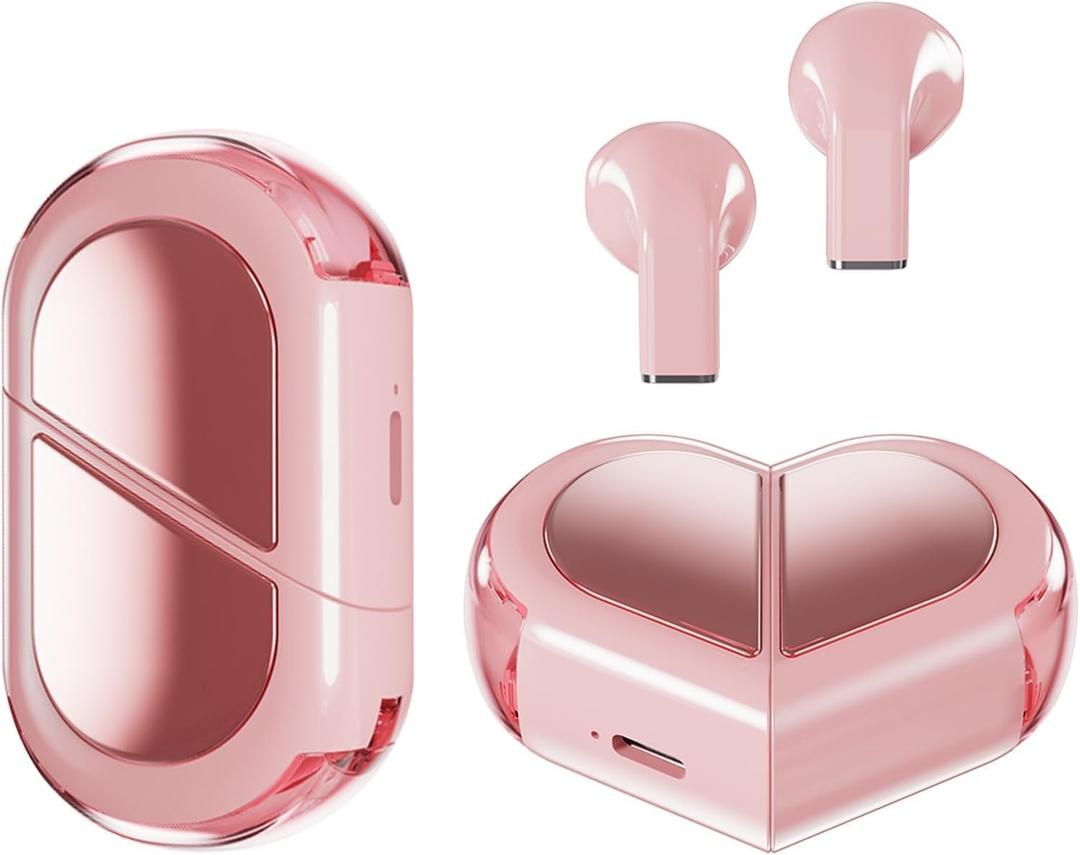 Pink Heart Wireless Earbuds for Girls Kids, Cute Mini Tiny Small Invisible Earbuds Wireless Bluetooth for Small Ears Canals Women Rose Gold Kawai Blue Tooth Ear Buds for iPhone Android