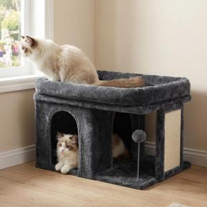 Heybly Cat Tree, 14 inch Cat Tower with Large Perch Bed and Cat Condo for Indoor Cats Large Adult, Cat House with Scratching Posts and Interactive Spring Balls for Your Kittens, Smoky Gray HCT203SG