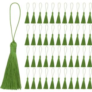 uxcell 45Pcs Mini Silky Bookmark Tassels, Handmade Soft Floss Craft Tassels with Loop, Small Tassel for Jewelry Making, Keychain, Souvenir, Graduation, Clothing Sewing, Olive Green