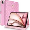 for iPad Air 11 Inch Case M3 (2025)/ M2 (2024), iPad Air 5th/4th Generation (2022/2020) 10.9 Inch,Girly Cute Crown Diamond Elegant PU Leather Smart Auto Sleep/Wake Stand Protective Case, Pink