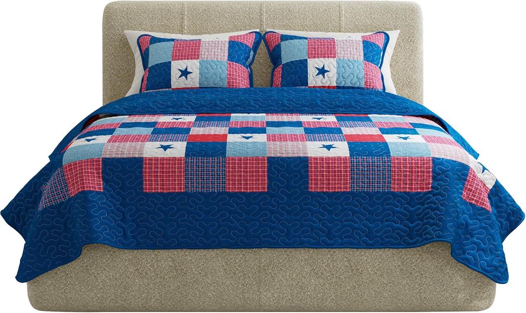 Lavish Home 3-Piece Caroline Patriotic Quilt Set - Americana Stars and Plaid Patchwork Bedding - Full/Queen Bed Spread with 2 Pillow Shams