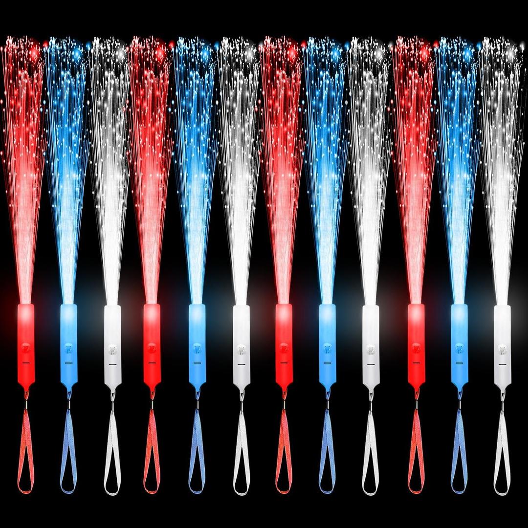 18 PCS LED Fiber Optic Wands Glow Sticks, Light Up Wands, Fiber Optic Lights Rod , Flashing Wands with 3 Light Modes for Wedding ,Halloween,Christmas, Neon Party Favors Supplies (Red Blue White)